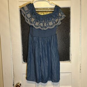 Xhilaration Women’s Blue Off the Shoulder Denim Embroidered Dress Size M